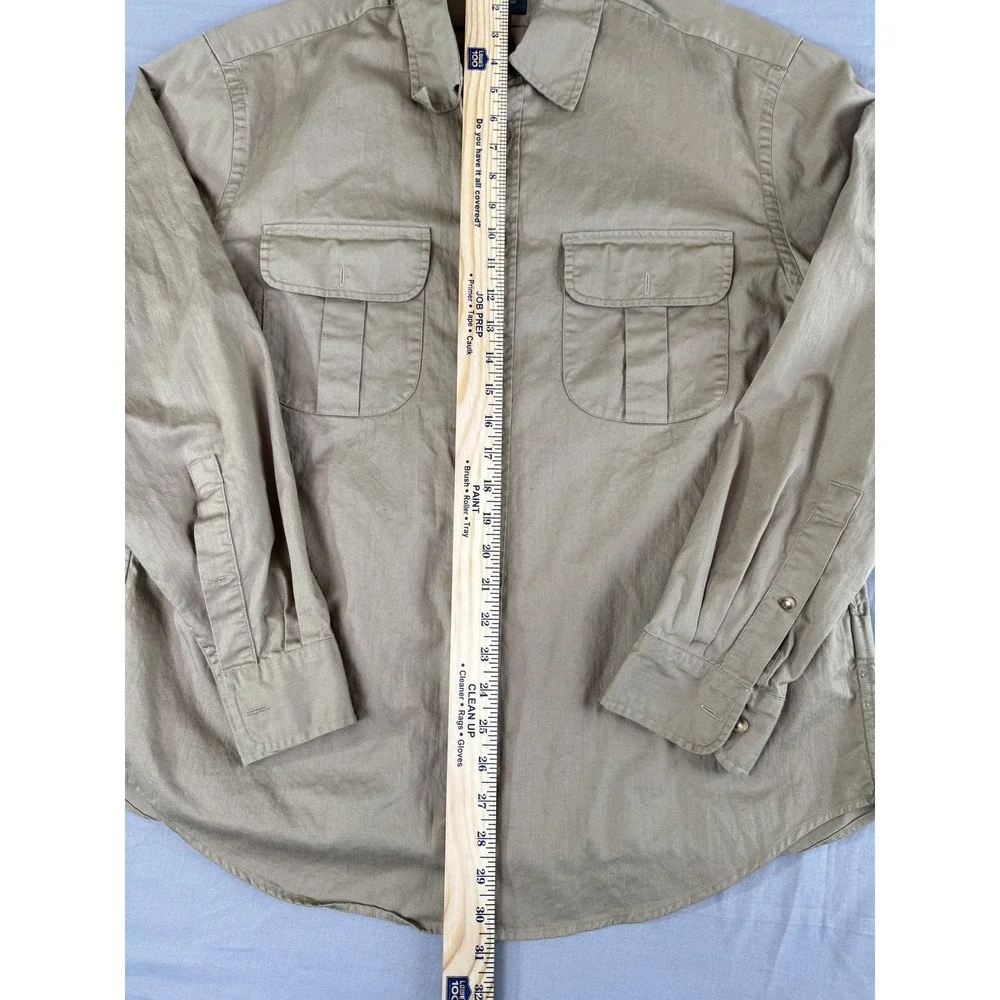 J Crew Oarsman Shirt Mens Large‎ Khaki Button Front Pockets Long Sleeve Casual